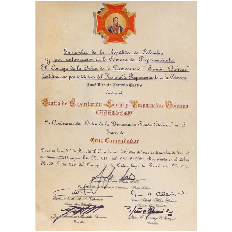 Orden de la Democracia Simón Bolívar - Cruz Comendador